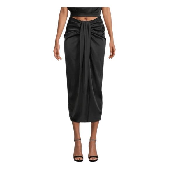 Line & Dot Selma Midi Skirt Black Satin Draped High Rise Front Slit XS - Picture 3 of 7